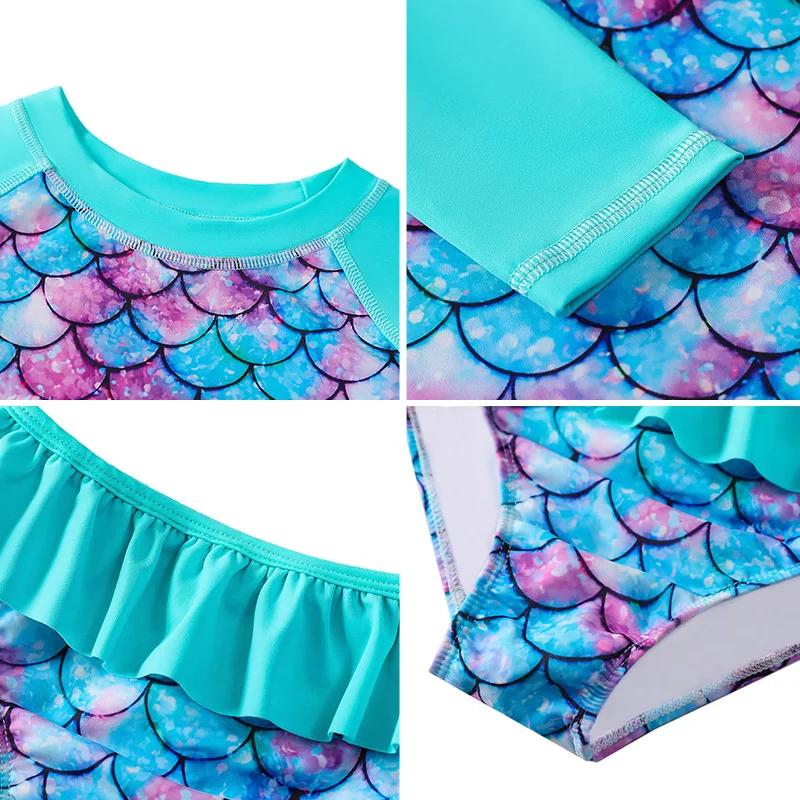 Children's Mermaid Split Bathing Suit Baby Girl Fish Scale 3D Printing Sunblock Swimsuit Kids Long Sleeves Top+Bikini 2Pcs Set