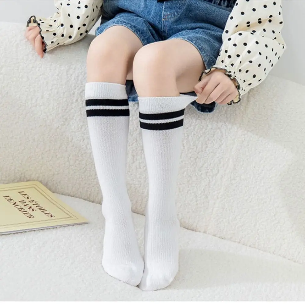 

Милые хлопковые удобные летние однотонные носки в двойную полоску для девочек, носки средней длины, носки в Корейском стиле, Детские Чулочные изделия
