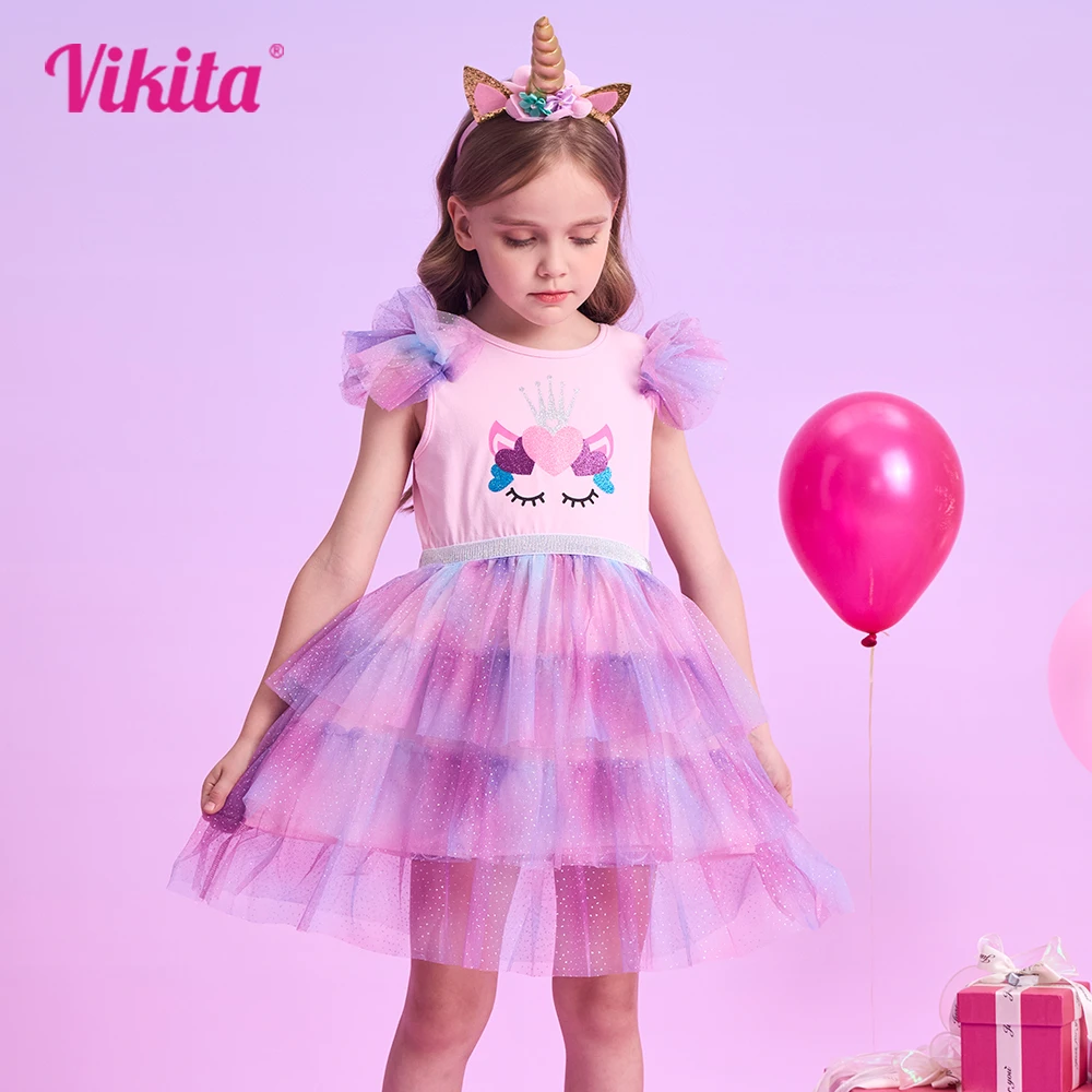 Nautinati Girls' Pink Unicorn Print Full Sleeve Knee Length Dress