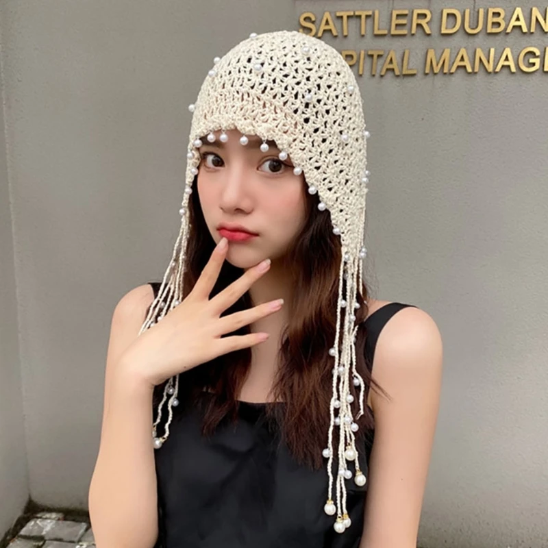 

Handmade Beanie Hat Pearls Decorated Cloches Style Beanie Hat for Music Festival Simple Cloches Style Beanie with Pearls