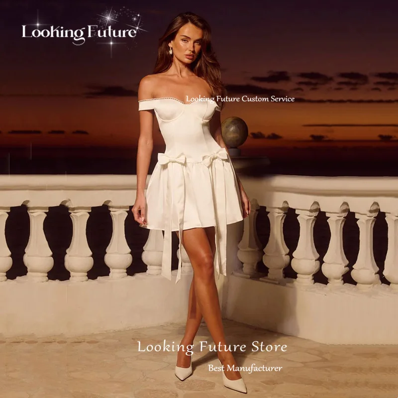 Boho Mini Satin Wedding Dress Simple Off Shoulder Sleeveless Pleat Bows Bride Dress Sexy Backless with Zipper Gowns Customized 16 Sd39652cd3aa5447cae0ec6359c5d2dd7O