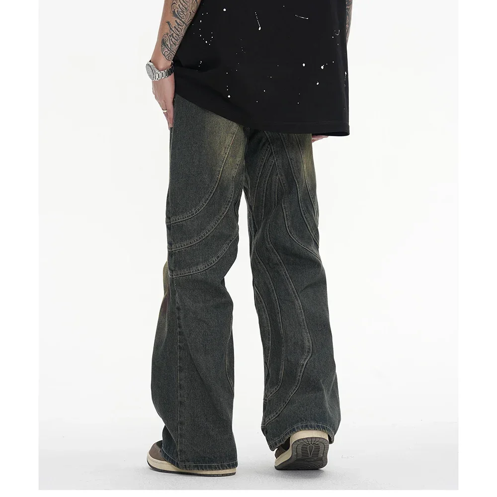 2023Retro Painted Round Striped Straight Bell Bottoms Men's Harajuku Street Clothes Casual Loose Jeans Large Size Trend Denim