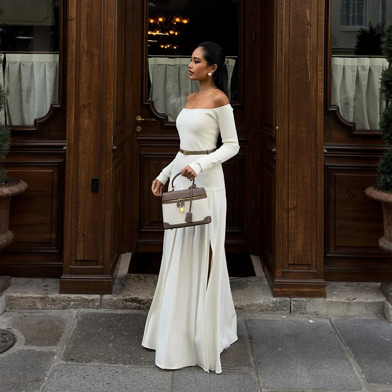 Off-Shoulder Fashion Patchwork Maxi Dress Women's Solid Elegant Commute Autumn Dress Female Backless Long Dress New