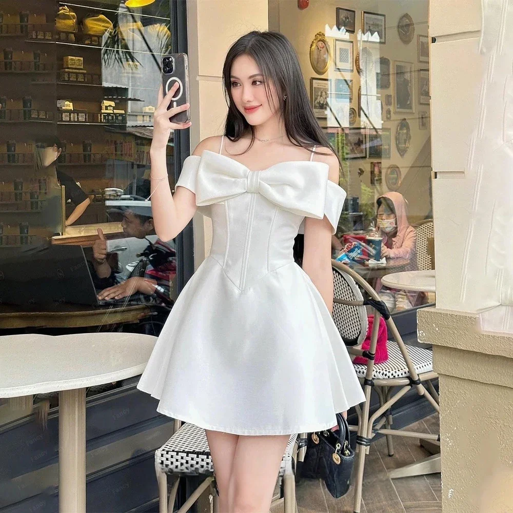 Fashion Short Off the Shoulder Satin Cocktail Dresses Short Sleeves with Bow A Line Above Knee Length Robe De Mari&eacute;e