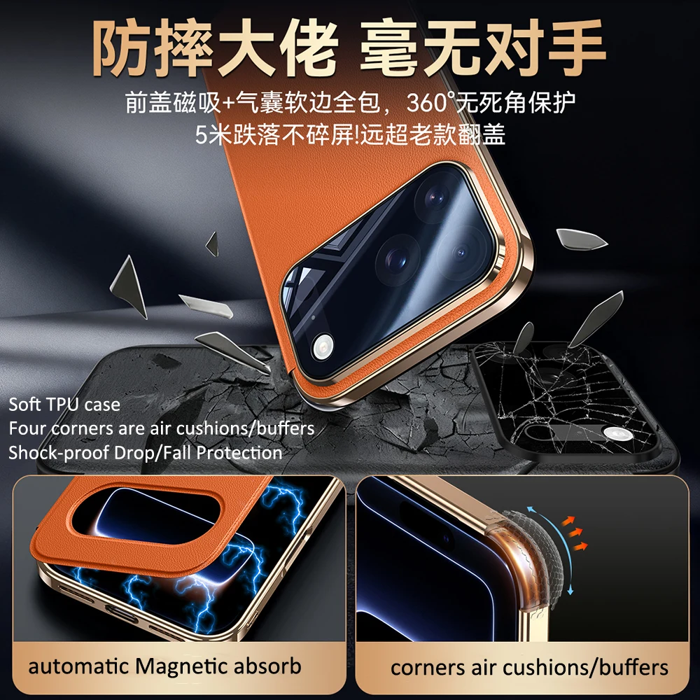 Premium Genuine Leather Flip Case - Elegant Orange Window Book Cover