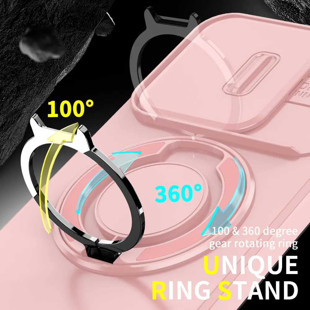 Slide Camera Cover 360° Ring Holder Shockproof Armor Phone Case with Magnetic Car Mount Compatibility