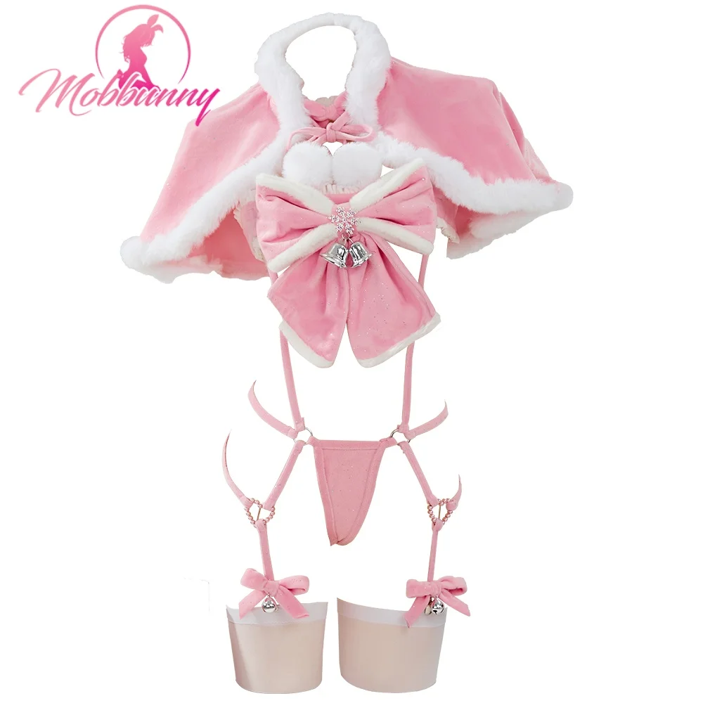 MOBBUNNY Pink Furry Sexy Lingerie Set Christmas Gift Bowknot Bandage Bodysuit with Cape and Hat Cosplay Costume