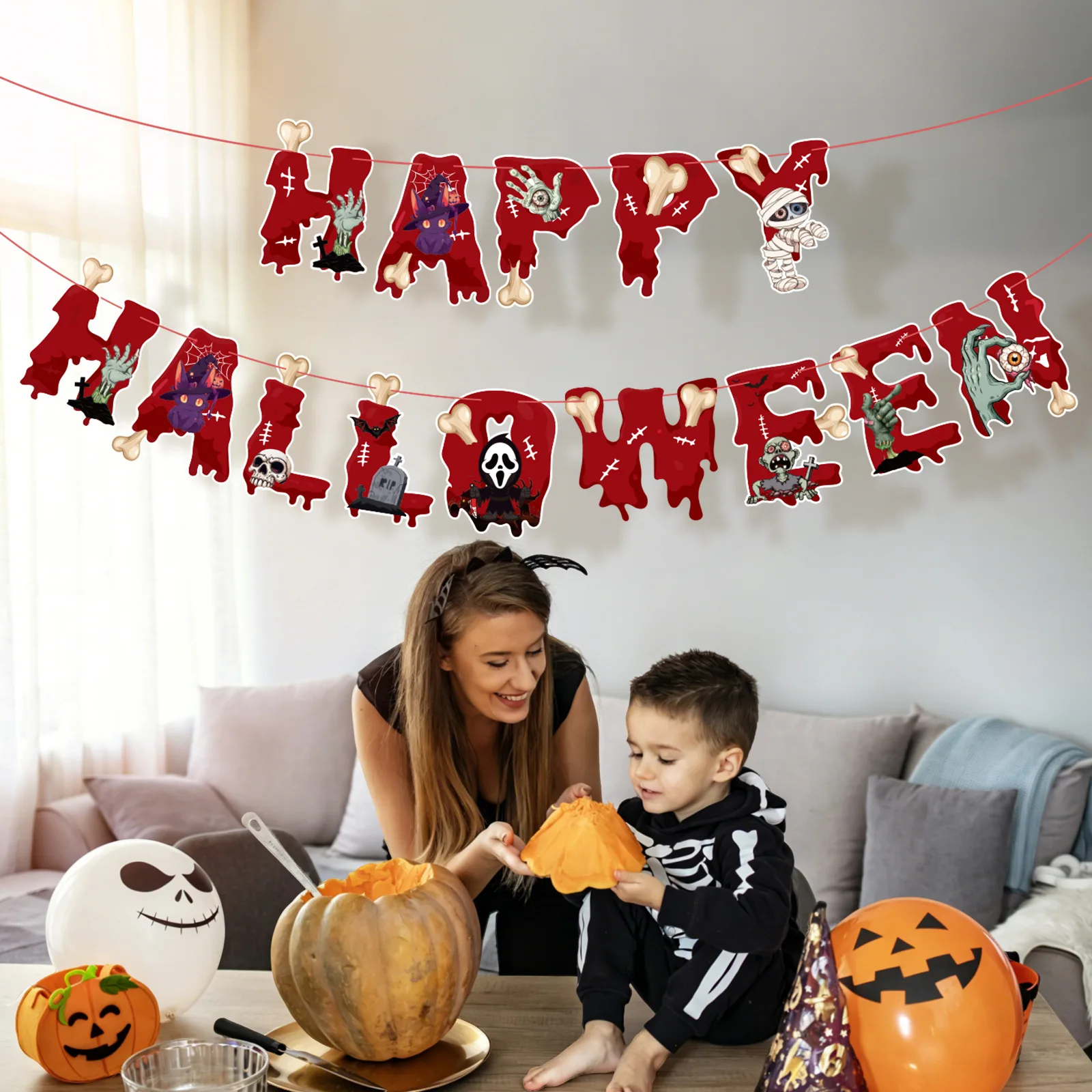Halloween Ceiling Hangings: Skeletons, Mummies, Bloodstained Handprints, Bat Garlands. Kids Halloween Home Decor
