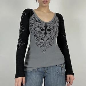 Image for y2k Rhinestone Criss Cross Print T-shirt Long Slee 