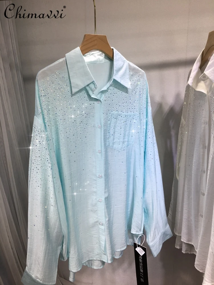 European Heavy Industry Rhinestone Shirt Women's Fashion Loose Mid-Length Thin Cardigan Slim Sun Protection Shirts Summer Blouse fashion jewel mermaid anke length homecoming gown rhinestone chiffon formal occasion вечернее платье в пол с рукавами فس