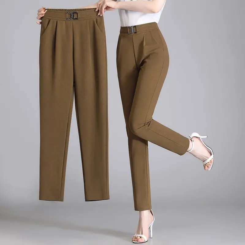 Korean Simple Dropping Small Feet Harun Pants Women's High Waist Autumn Solid Pockets Loose Straight Elastic Smoke Pipe Trousers new woolen pipe pants women autumn winter loose straight high waist tweed casual nine points radish trousers