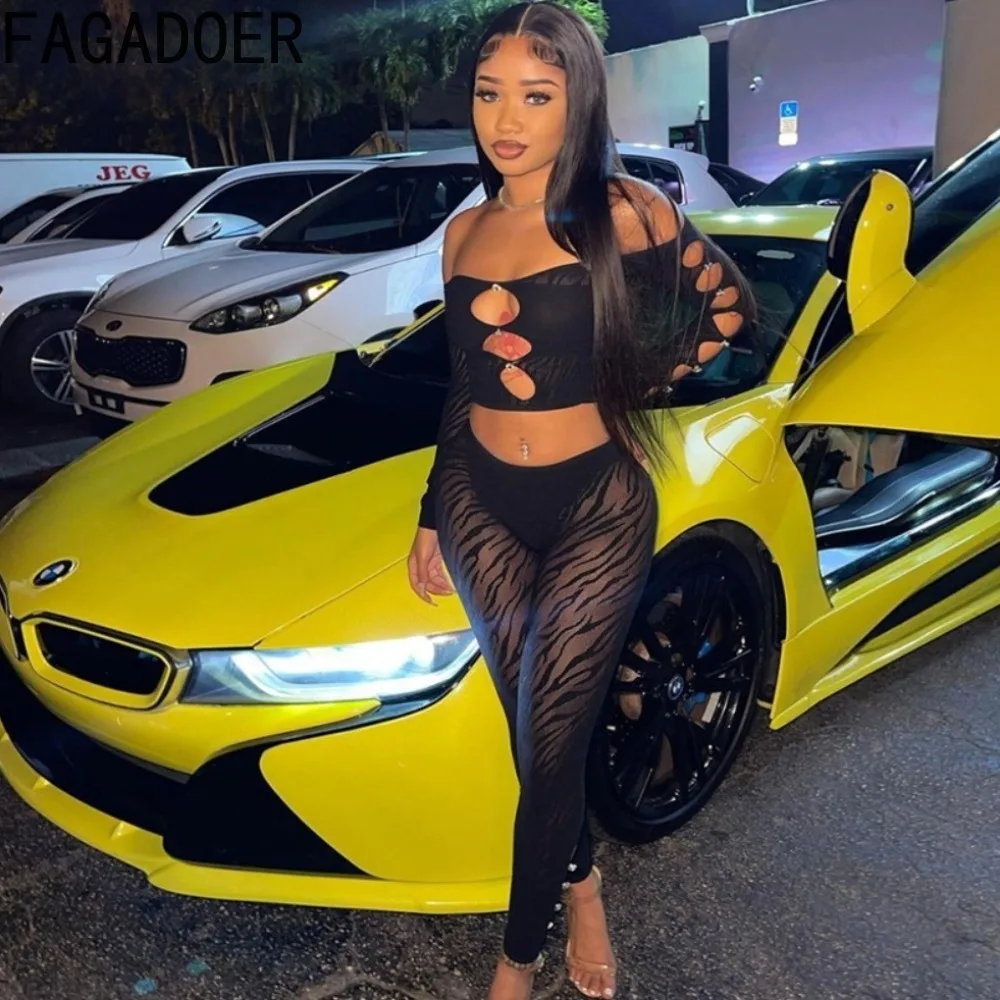 

FAGADOER Black Sexy Hollow Out Diamond Perspective Two Piece Sets Women Off Shoulder Long Sleeve Crop Top + Skinny Pants Outfits