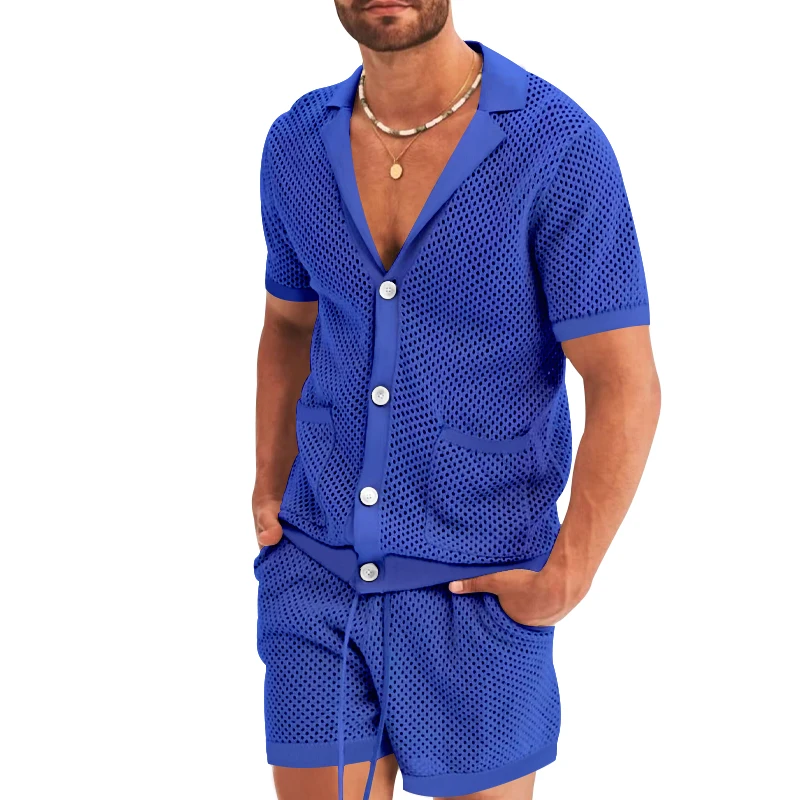 Summer Men's Hawaiian Cutout See-Through Icy Silk Suit High Quality Solid Color Hot Sale Short Sleeve Outdoor Beach Shorts Set