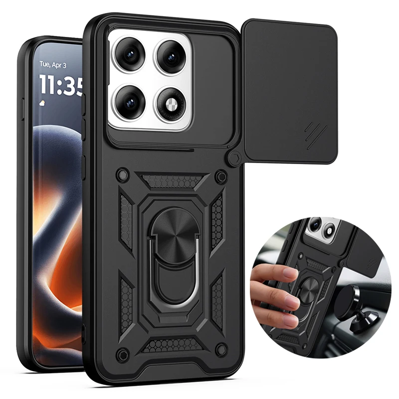 Lens Slide Armor Protection Phone Cover with Car Magnetic Ring Stand