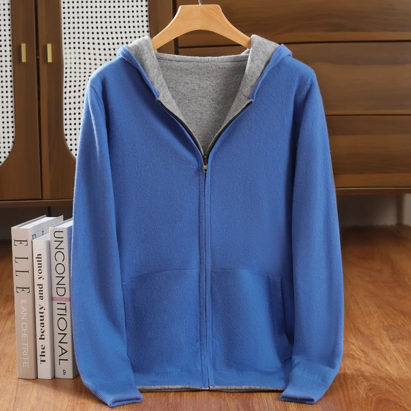 Autumn Winter Thick Hooded Cardigan 100% Merino Wool Knitted Zipper Cardigan Can be worn on both sides for Casual Menswear Tops 6