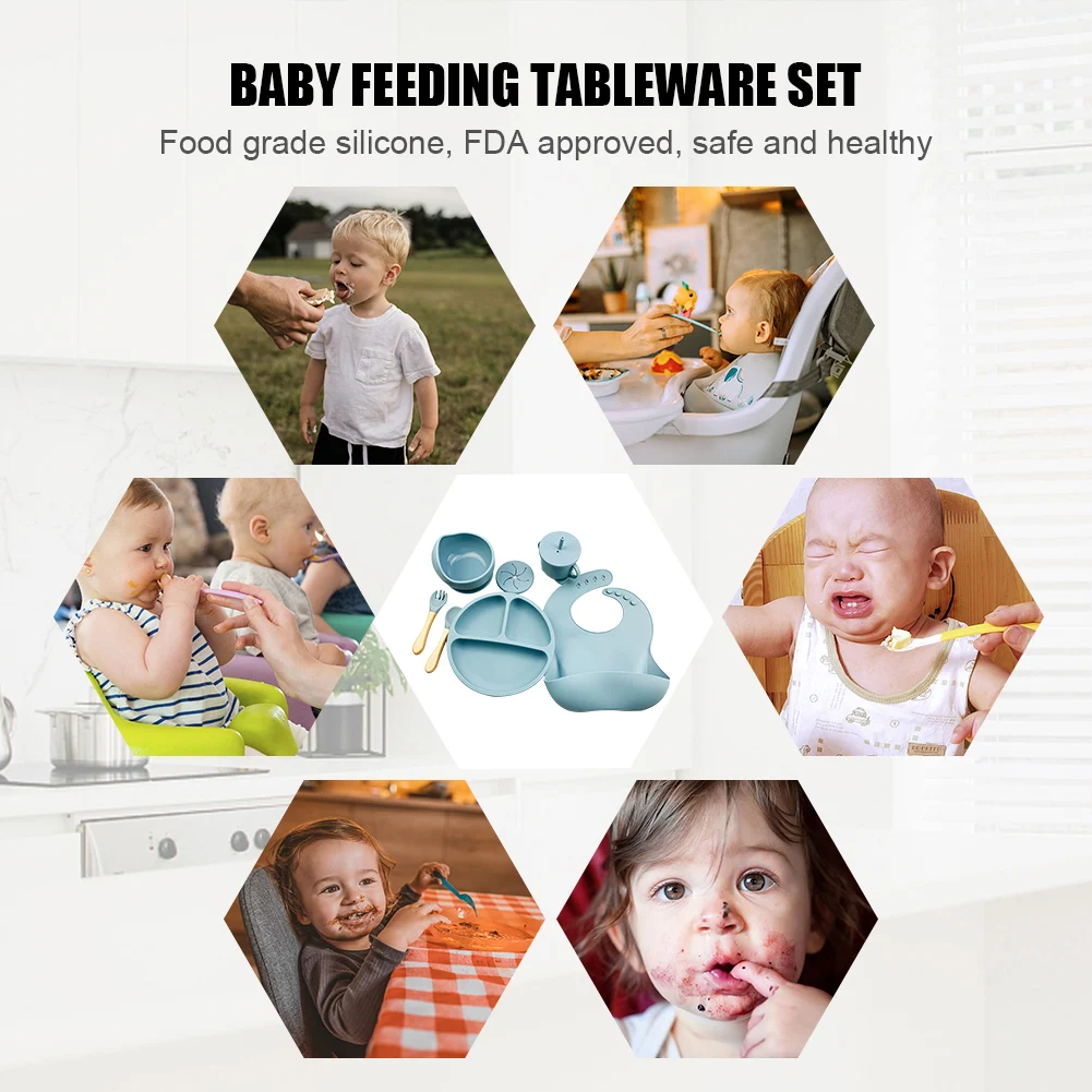 8Pcs Baby Silicone Plate Cup Spoon Set Baby Feeding Sucker Bowl Bib Fork Dishes BPA Free Food Grade Silicone Baby Tableware Set