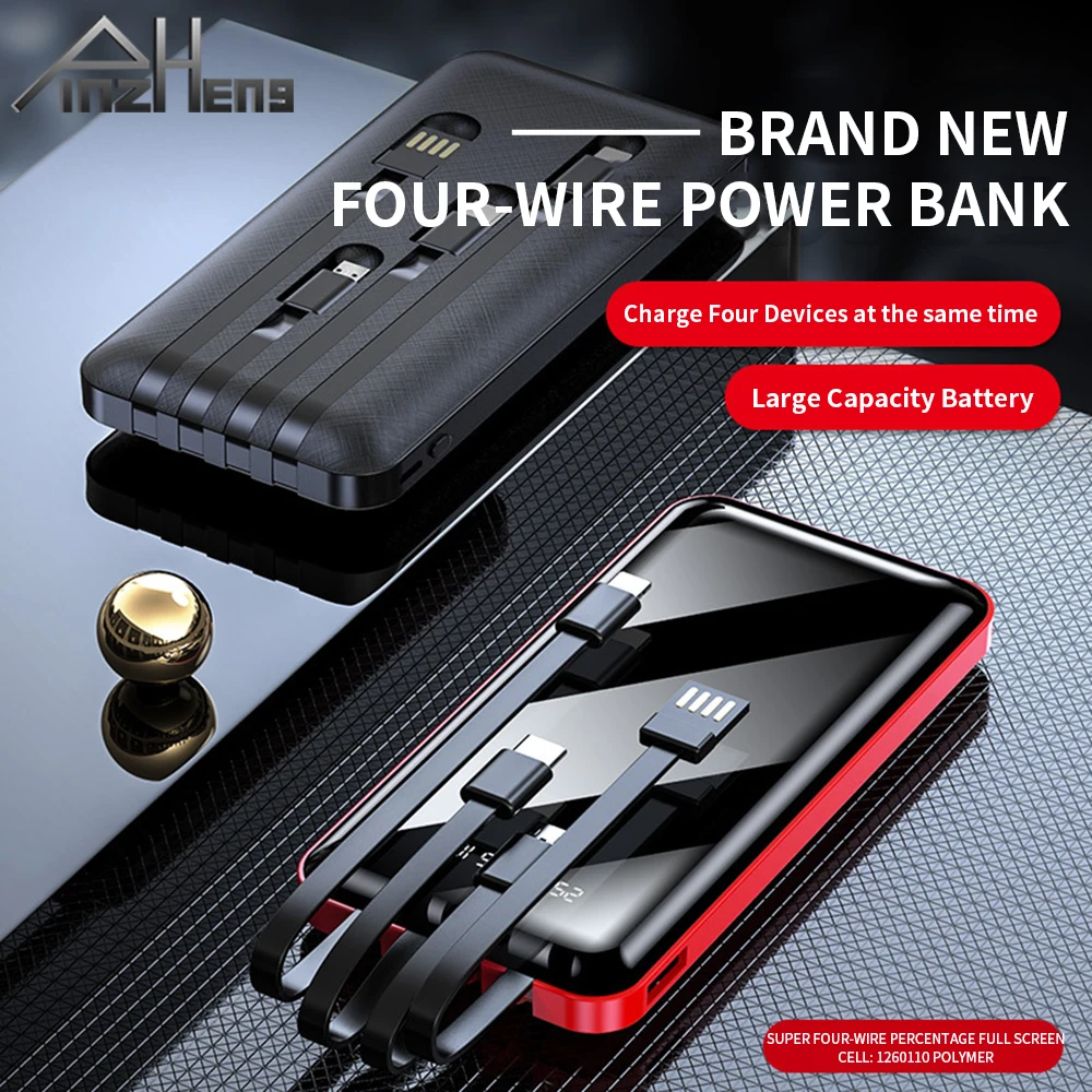 

PINZHENG 20000mAh Portable Power Bank Full Screen Built-in 4 Cables Powerbank Fast Charging External Battery For iPhone Xiaomi