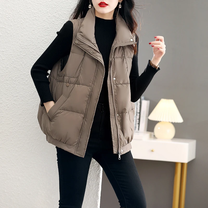 Plain color fabric clothing 2023 autumn and winter new version trendy plus size 90 white goose short style down vest simple_voghion.com