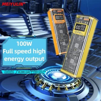 Transparent Power Bank 100W 20000mAh Quick Charger Portable PD20W Fast Charge External Battery for iPhone Xiaomi Samsung Laptop
