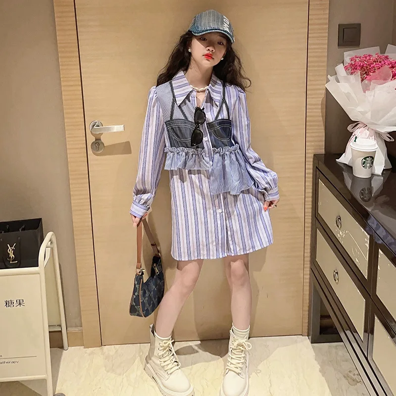 

Детская одежда, платье для девочек-подростков во французском стиле, платья принцессы с имитацией двух частей и оборками по краям и вертикальной полосой, детская одежда