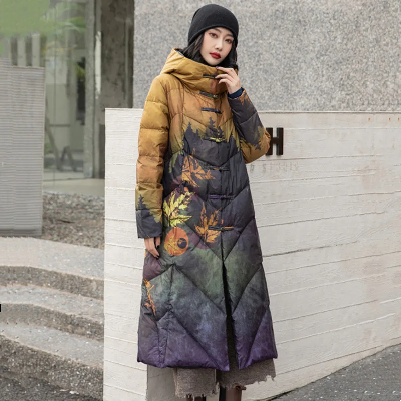 

Autumn Winter Women Vintage Frog Bigsize Hooded Down Coat Warm Light White Duck Down Jacket Parkas Female Print Long Outwears