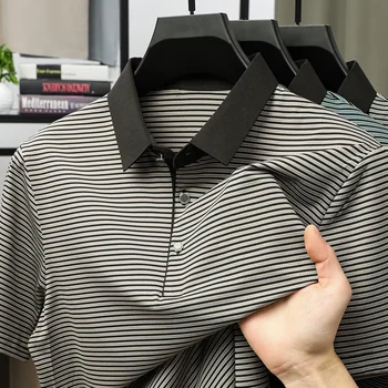 TFETTERS Brand 2025 Summer Oversized T-shirts Men Soft Thin Striped Short Sleeve Lapel Collared Tshirt Man Designer Clothes 2