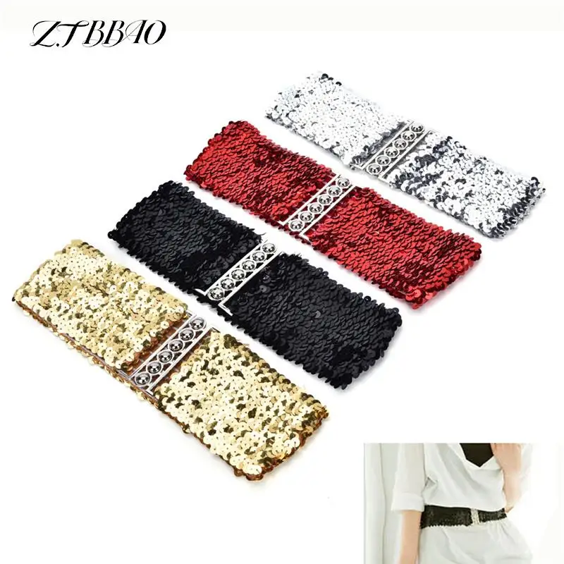 

1PCS Women Shinny Cummerbund High Fashion Metallic Sequin Women Dress Belts Gold/Black/ Free Ize Wide Stretch Belt