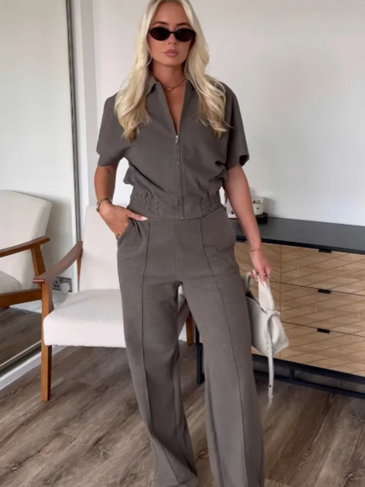 HH Women Elegant Short Sleeve Lapel Zipper Vest+High Waisted Elastic Waist Pockets Wide-leg Pants Soft Autumn 2-Piece Set 5