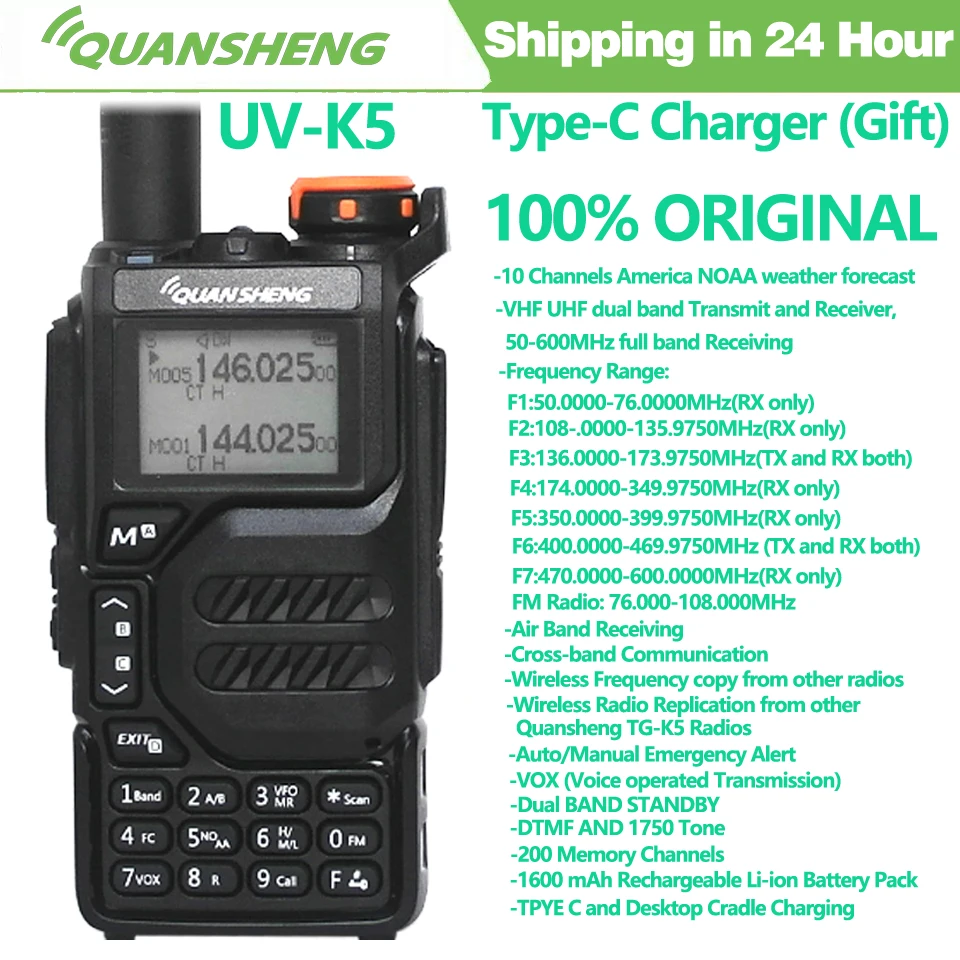QUANSHENG UV-K5 Walkie Talkie Dual Band 5W Rechargeable Two Way Radio NOAA  Emergency Weather Receiver with Type-C Charging Cable, Headset (Black 1