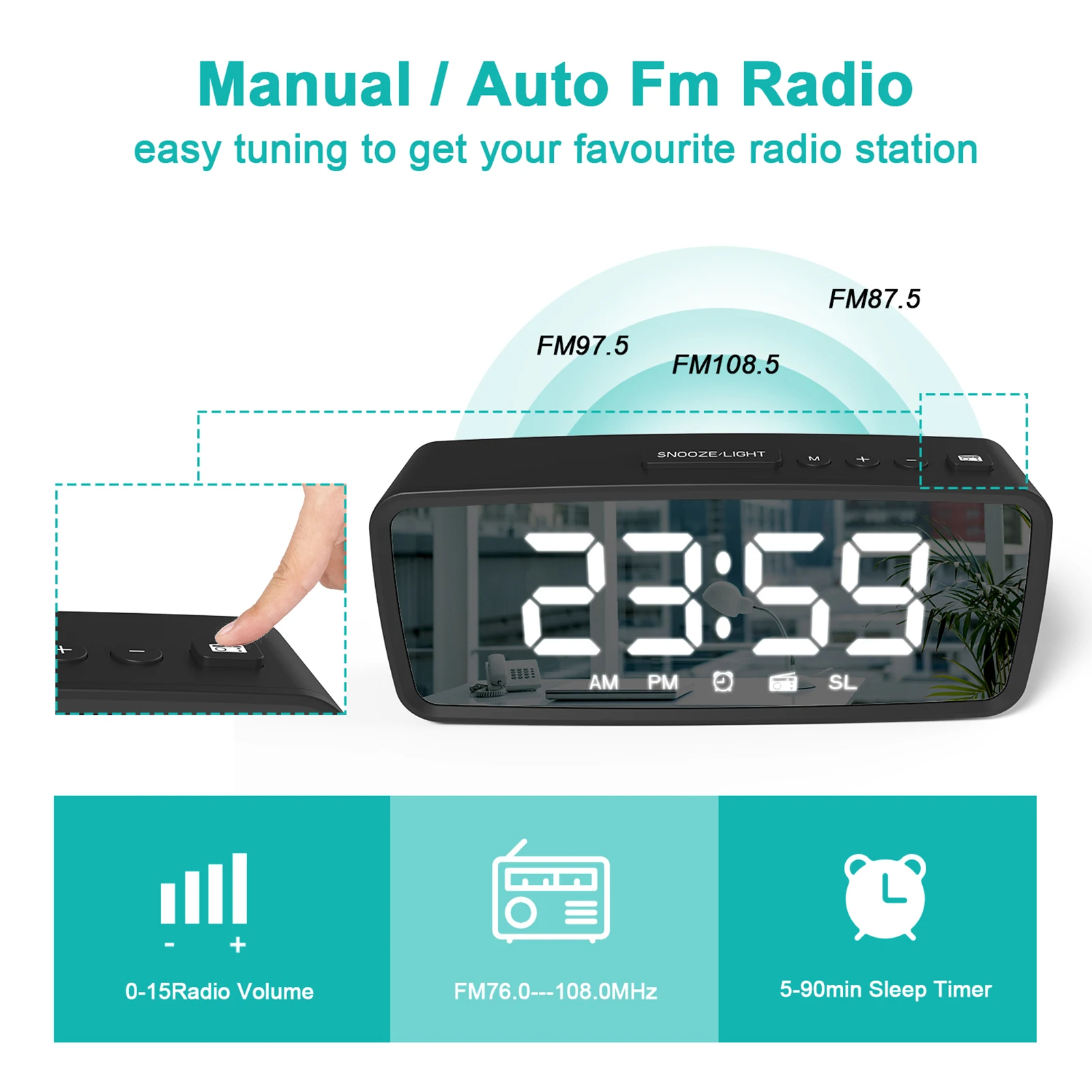 راديو منبه رقمي 5.1 بوصة، ساعة منبه مرآة 3 مستويات راديو FM خافت مع مؤقت للنوم حجم قابل للتعديل، إنذار الوضع الداكن