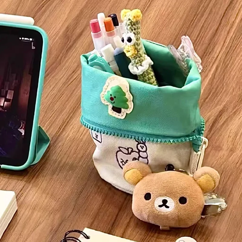 스탠딩 연필 케이스 캔버스 대용량 수직 플립형 귀여운 곰 펜던트가 있는 일본식 중학교 대학생용
