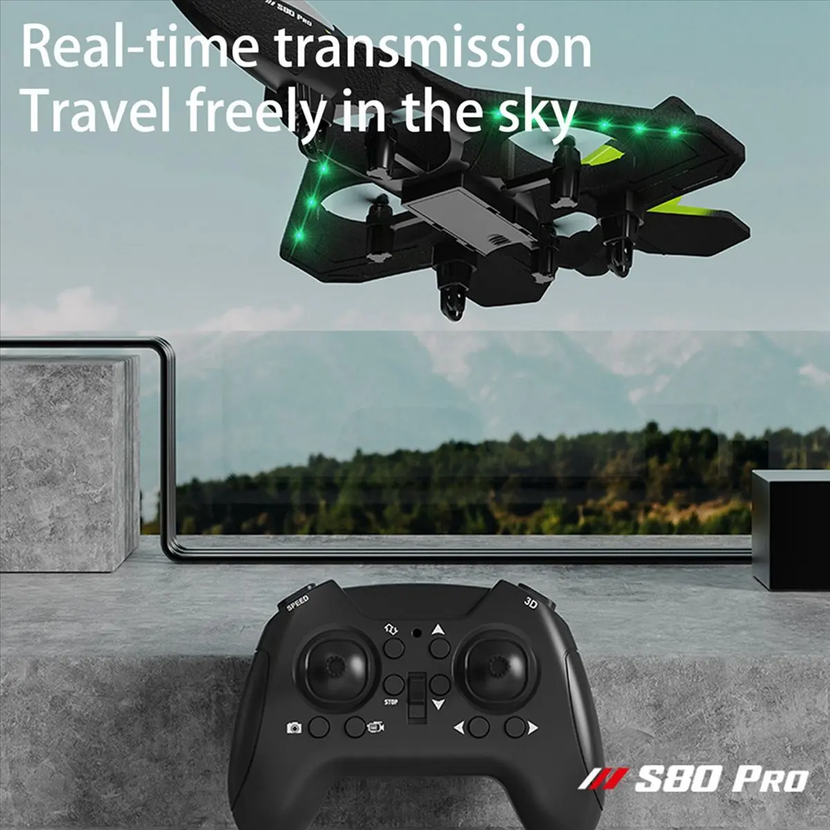 Drone télécommandé S80 avion voilure fixe mousse EPP vert