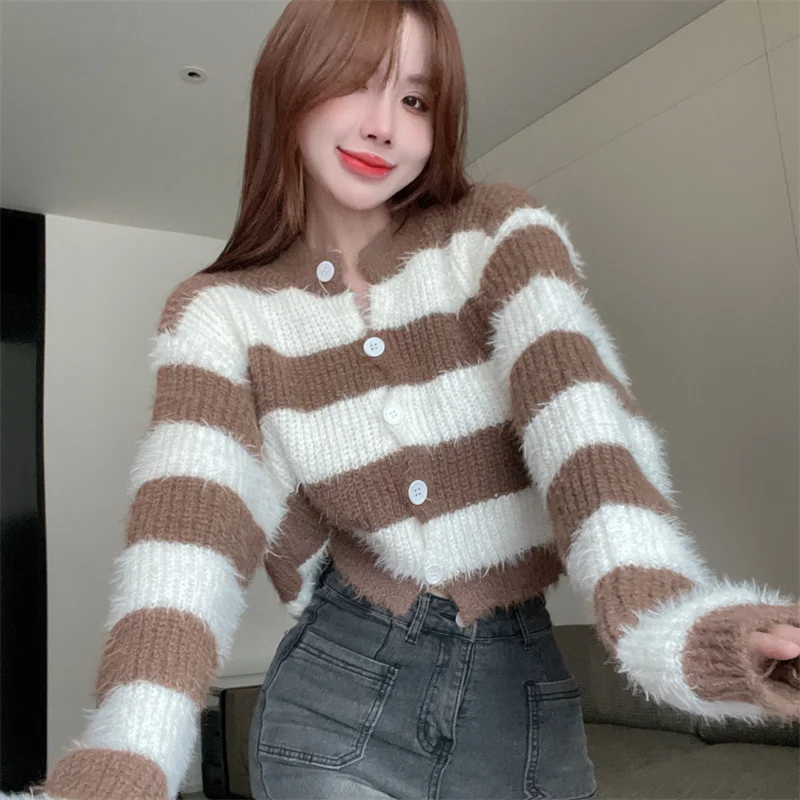 

Y2k Girl Single Breasted Long Sleeve Short Sweaters Female Striped Cardigan Crop Sweater 2022 Korean Chic Black Coffee Jumpers