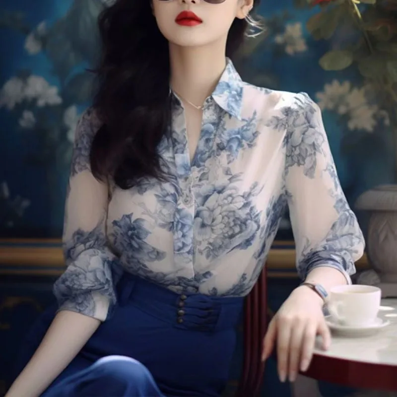 2024 New Women's Spring Autumn Chinese Style Blue Print Turn-down Collar Casual Versatile Fashion Long Sleeve Chiffon Shirt Top