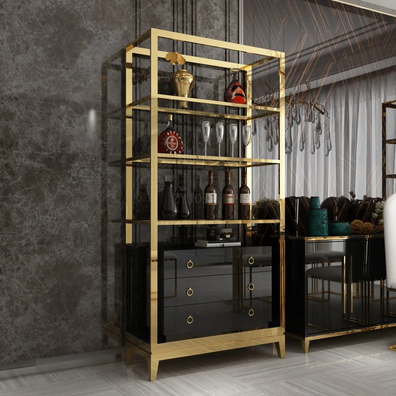 *Stainless Steel Gold Wine Bar Cabinet Display Shelving With Drawers Sideboard Modern China cabinet For Living Room