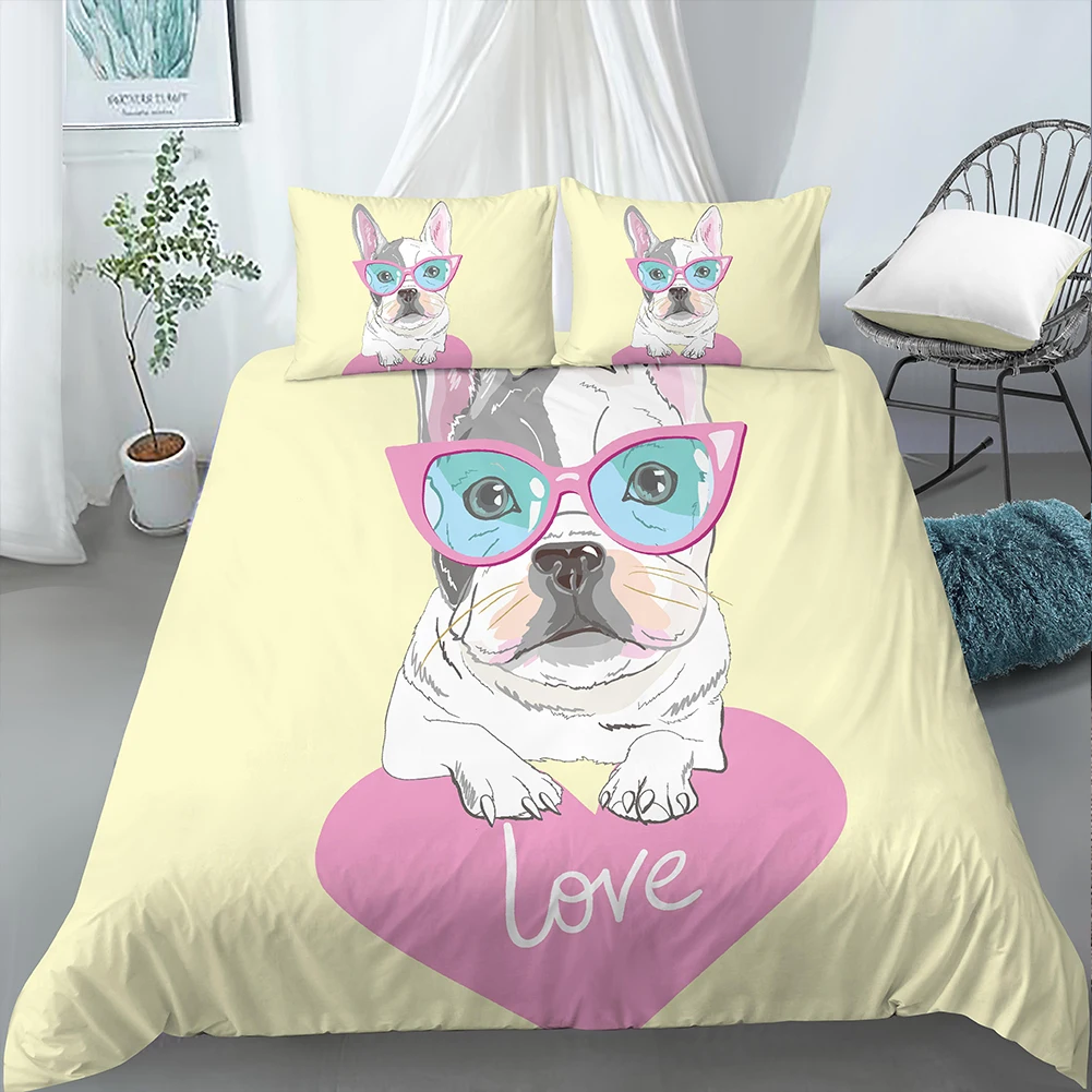 

Cartoon Pug King Queen Double Full Duvet Cover Lovely Puppy Bedding Set Pet Animal Quilt Cover Yellow Polyester Comforter Cover
