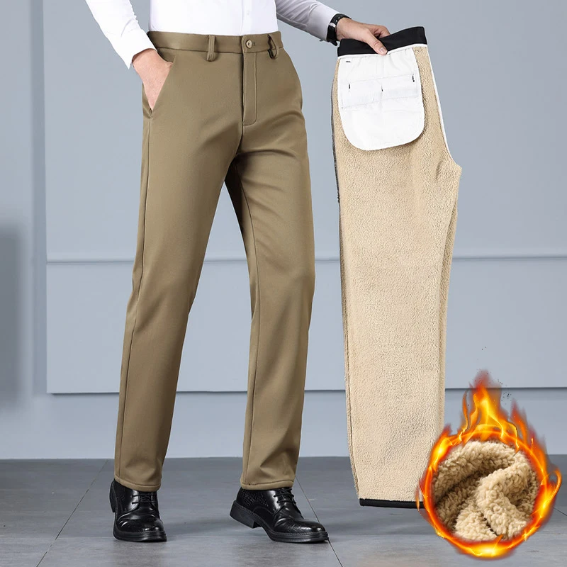

Winter Men's Brand Casual Pants Fleece Warm Khaki High Waist Elastic Straight Trousers Classic Plush Business Male Pants