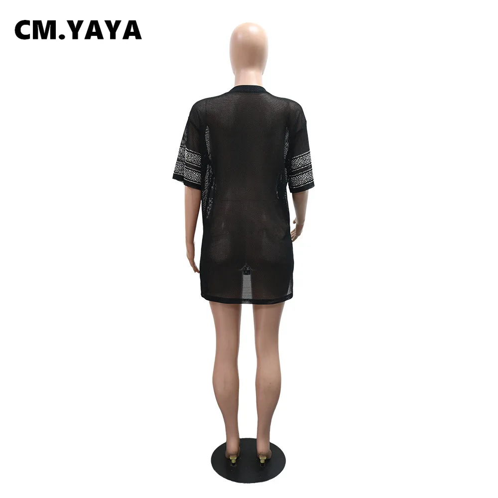 CM.YAYA Women Diamonds V-neck Short Sleeve Mesh See Through Tee Tops 2025 Summer Fashion Streetwear Acitve Classic T-shirts 6