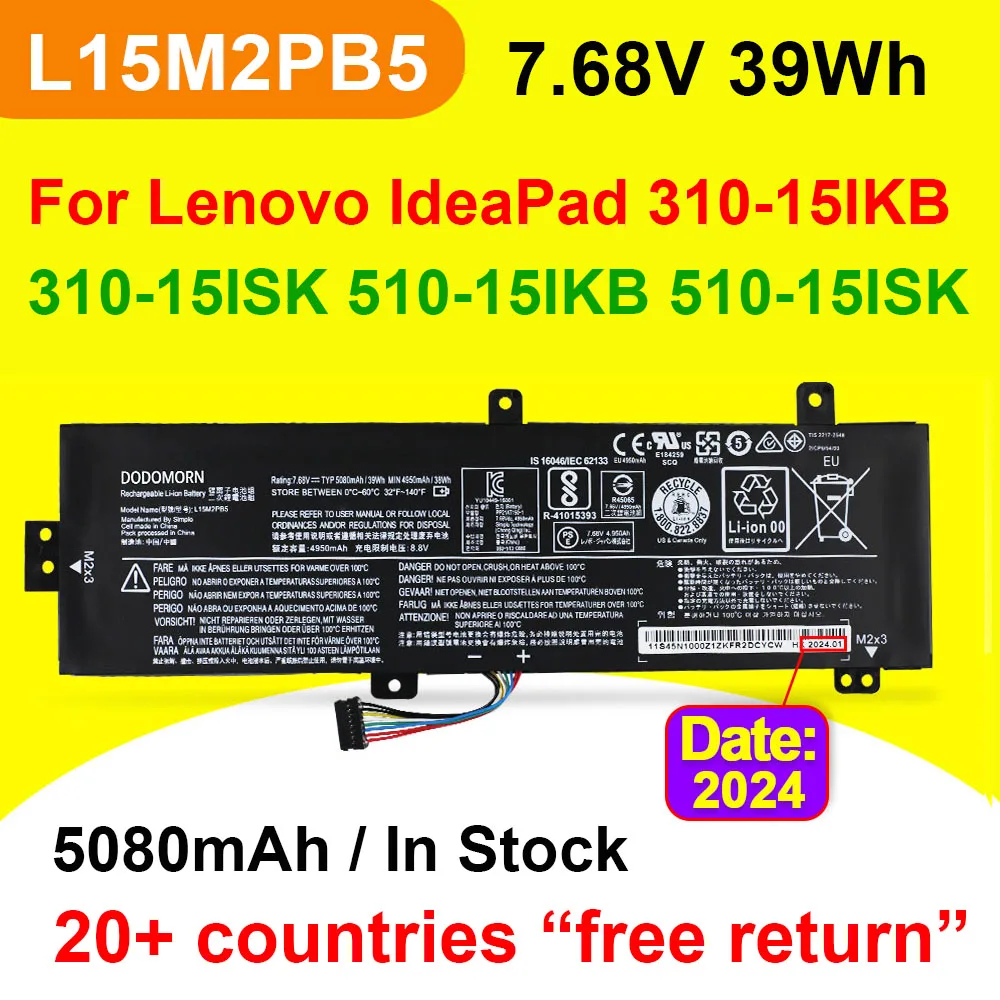 

L15M2PB5 For Lenovo IdeaPad 510-15ISK 310-15IKB 310-15ISK 15IAP Laptop Battery L15L2PB5 L15C2PB5 L15M2PB3 L15L2PB4 7.68V 39Wh