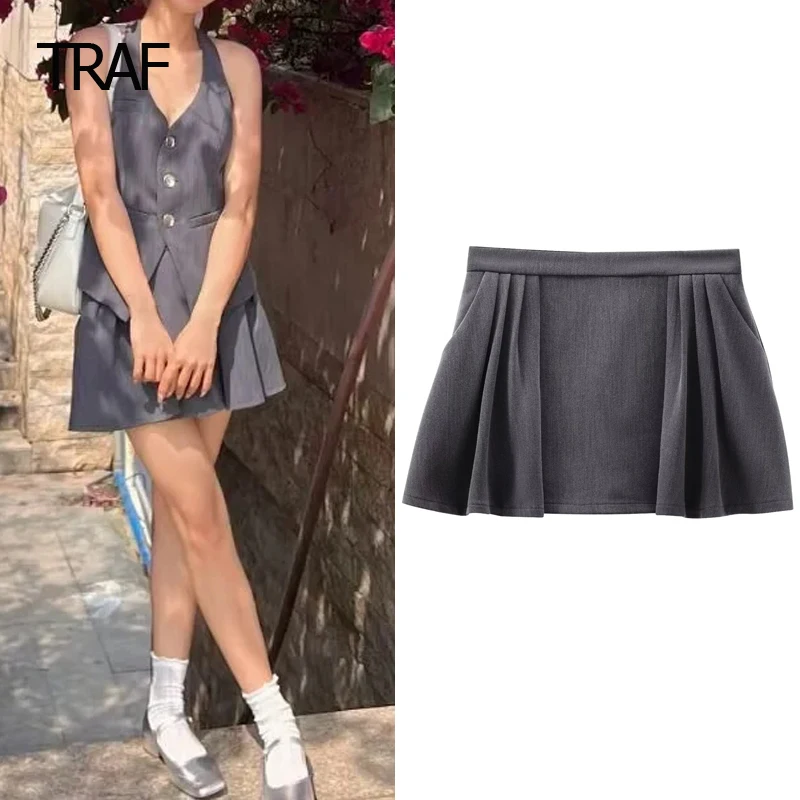 

TRAF Grey High Waist Short Skirt Women's Shorts Spring Summer Mini Pleated Culotte Korean Style Culotte Casual Cargo Short Lady