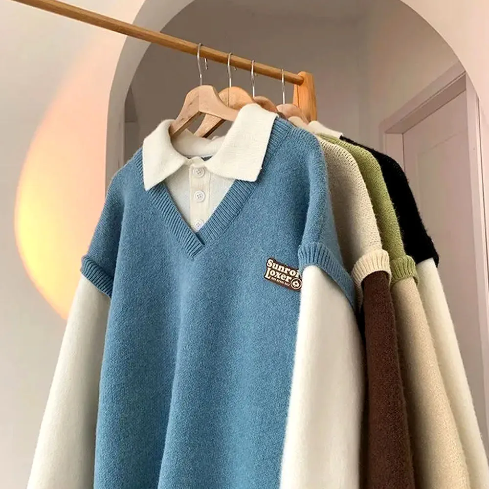 2024 Korean Style Men's Polo Shirts Knit Sweater Y2K Vintage Harajuku Women Loose Knitwear Hoodie Sweatshirts Winter Clothes Men