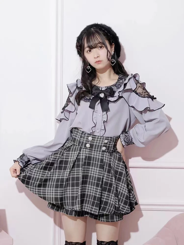 Japanese Blouse Women Top Elegant Lace Ruffles Off Shoulder