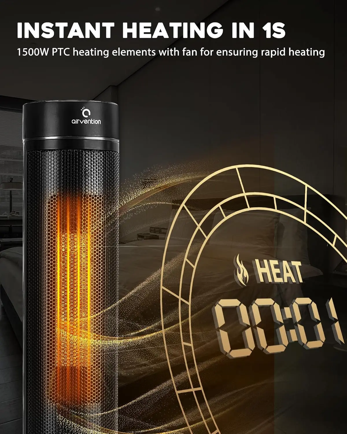 Heater Indoor, Airvention 1500W 34" Electric Heater for Large Room, 4 Modes,12H Timer, PTC Ceramic Heating with Thermostat, Remo 4