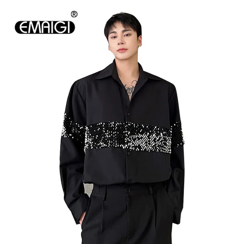 

Men Sequins Streetwear Long Sleeve Loose Casual Vintage Fashion Shirt Nightclub Stylist Stage Show Clothing Male Dress Shirts