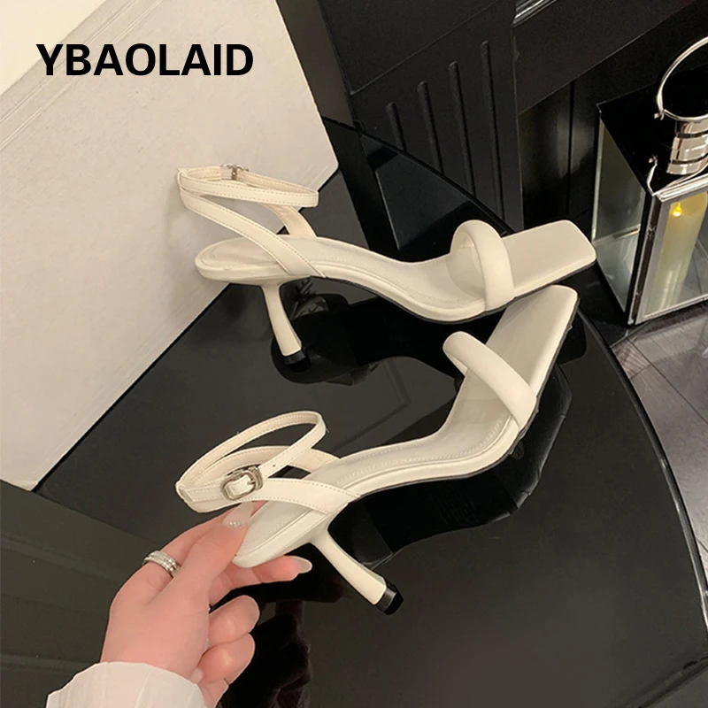 

Summer New Women Shoe Gold Open Square Toe Thin High Heel Fashion Sandals Ankle Strap Solid Color Simple Ladies Dress Party Shoe