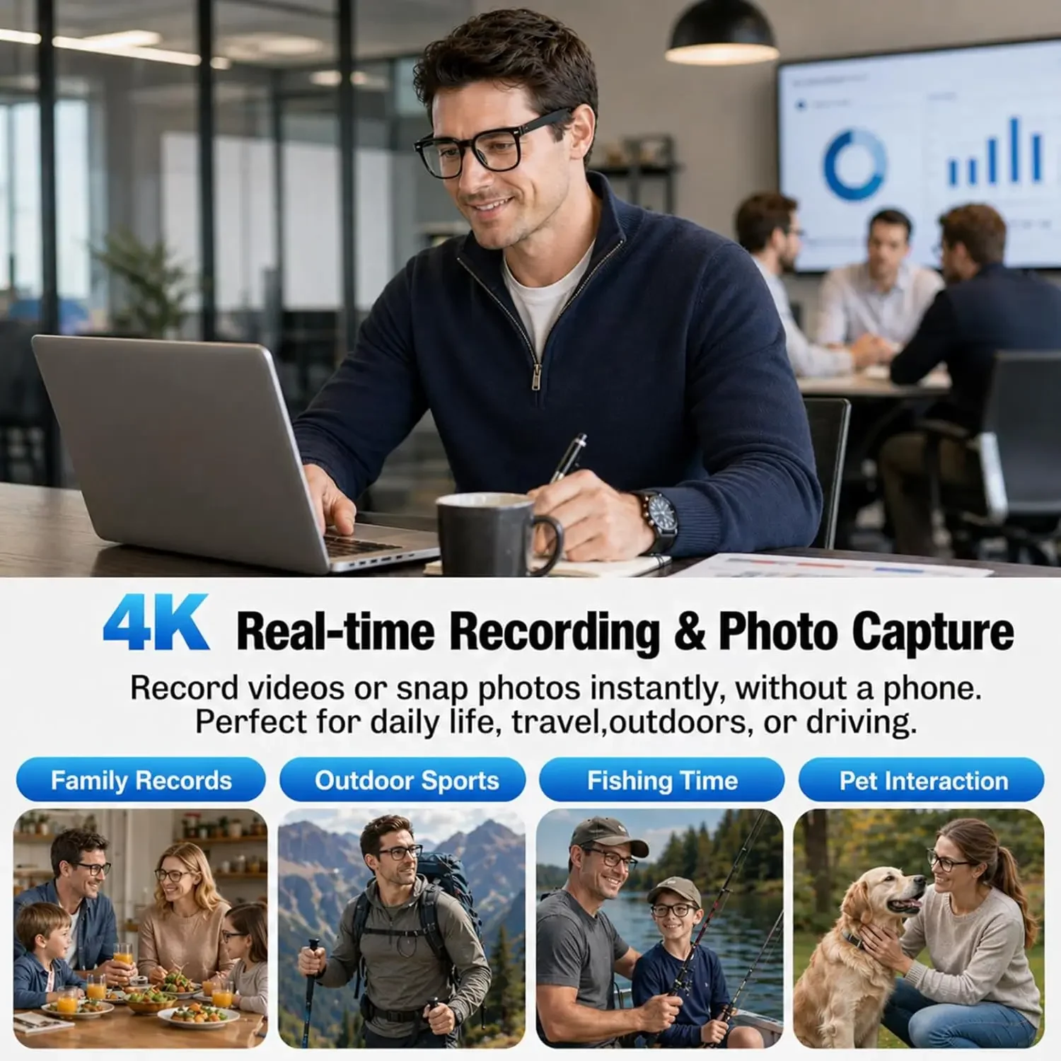 Occhiali Smart AI 4K HD con Fotocamera, Registrazione Video, Riconoscimento Foto AI, Chiamate Bluetooth e Traduzione Vocale - immagine 3