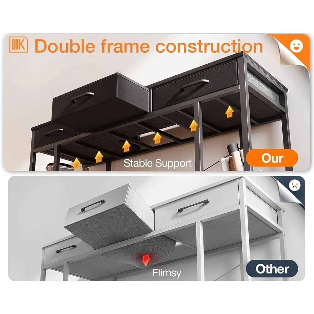 compact modern desk with fabric drawers and storage shelves, sleek black writing desk, 48"x16"