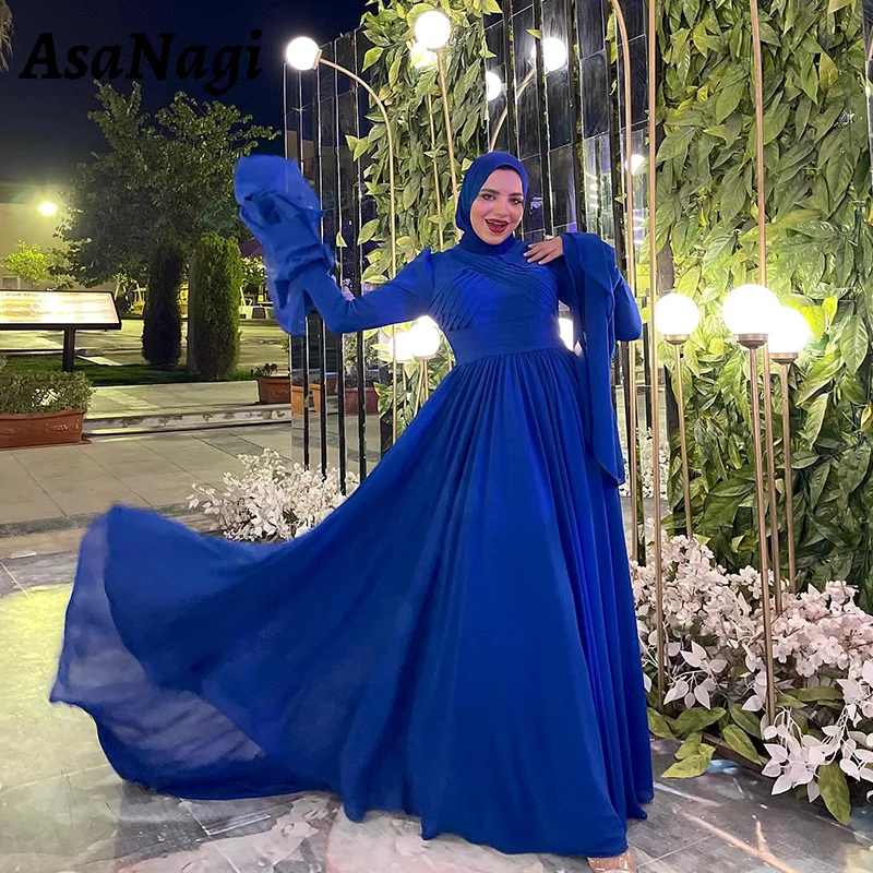 

AsaNagi High Neck Blue Prom Dress Women's A Line Chiffon Muslim Party Evening Gowns Plus Size Saudi Arabia Formal Occasion Gown