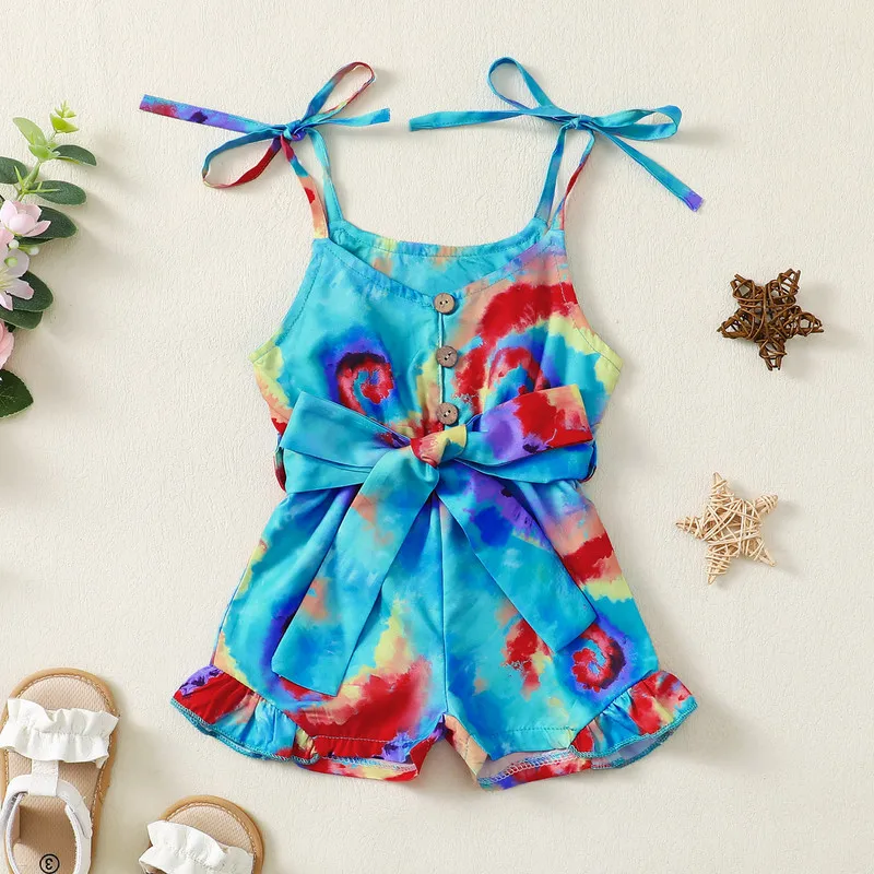 

Little Girls Summer Casual Jumpsuit Sleeveless Tie Dye/Stars Print Button Cami Playsuit with Belt