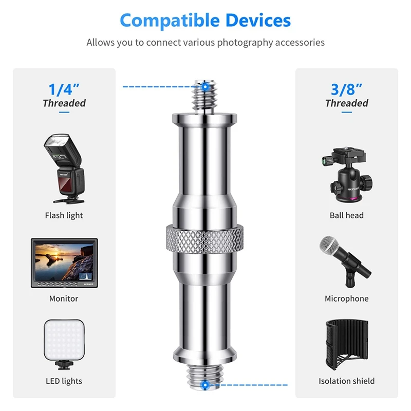 Adaptador de tornillo roscado, convertidor macho de Metal estándar de 5 piezas, 1/4 a 3/8 pulgadas, Perno de espiga, para cámara de soporte de luz de estudio